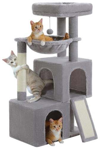 PETEPELA Kratzbaum 104cm Katzenbaum mit 2 geräumigen Höhle für Wohnungskatzen, Katzenhaus mit bequemer 40cm Hängematte, gepolsterter Sitzstange, Kratzpad und abziehbarer Spielball grau