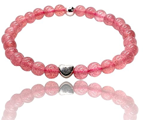Steinfixx® - Naturstein Perlenarmband aus Erdbeerquarz - Hochwertiges Edelsteinarmband mit 925 Silberperle und versilbertem Edelstahlherz - handgefertigt - in Geschenkbox
