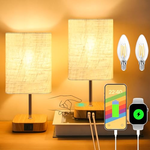 Set di 2 lampade da tavolo tattili, lampade da comodino dimmerabili con controllo tattile e porte di ricarica USB-C e USB-A, piccola lampada con base in legno beige e paralume in tessuto lino