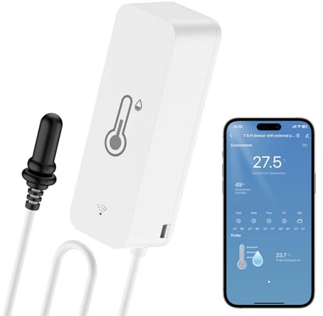 WIOONI Sensore WiFi igrometro termometro, mini termometro con sensore esterno, interno esterno per serra, acquario, frigorifero, rettile, terrario, lavoro con l'app Smart Life/Tuya, 1 confezione