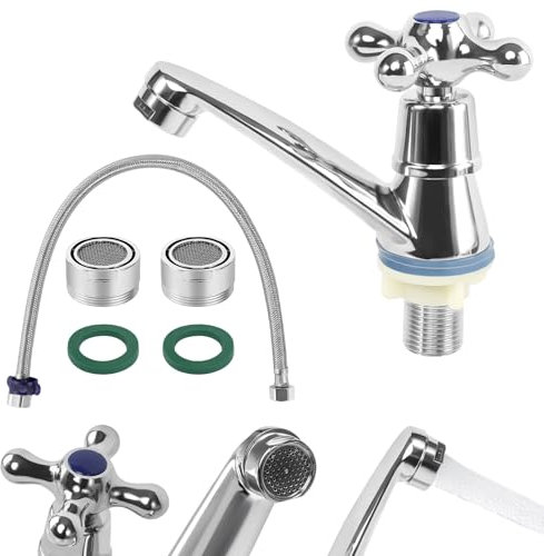 DELAESI Robinet d'eau froide simple robinet d'eau froide robinet de salle de bain eau froide avec filtre et double tuyau d'eau froide robinets pour salle de bain, lavabo, cuisine, bassin