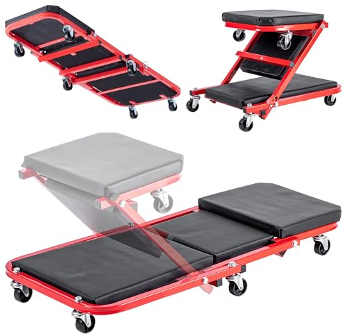 KADAX 2 en 1 Plataforma móvil para montaje y taburete de taller, cama de montaje con ruedas, plataforma de montaje plegable para vehículos, taller y garaje