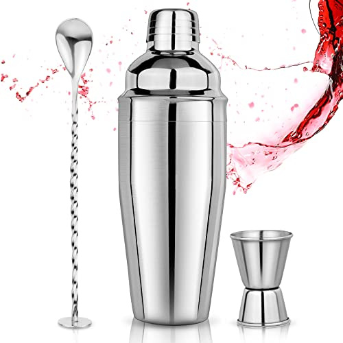 Cocktail Shaker Set 750 ml Cocktail Making Kit 3Pcs with Cocktail Shaker, Measuring Jigger and Mixing Spoon - Professional 18/8 Stainless Steel Cocktail Kit Bar Tools for Mixed Drinks, Silver