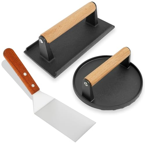 Pressa per hamburger in ghisa per hamburger Smasher con manico in legno, pressa rotonda e rettangolare, per barbecue, bistecche, hamburger patties (nero)