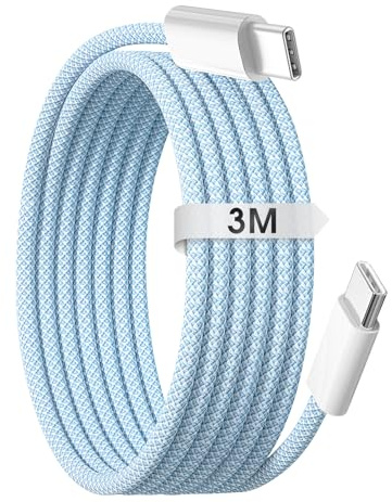 Cable USB C para iPhone 15 16, 3 Metros 60W Carga Rápida Tipo C a C Cable de Carga Trenzado USB C Cordón Para 15/15 Plus/15 Pro Max/16/16 Pro Max/iPad Pro Air Galaxy Google Pixel Xiaomi (Azul)