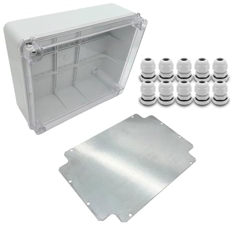 ARLI Abzweigdose 310x230x130 mm IP67 transparent mit Montageplatte + 10x Kabelverschraubung M16 Grau Aufputzdose Feuchtraumdose ohne Vorprägung Deckel mit Dichtung halogenfrei