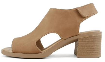 Soda Lovely ~ Women Peep Toe Slingback Low Heel Sandal (Tan Nubuck, 6)