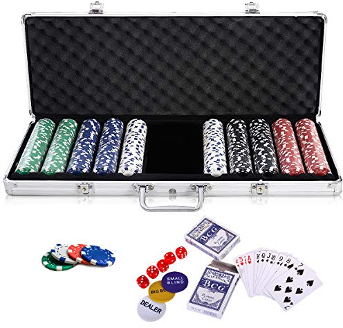 GOPLUS Juego de Póker con Maletín con 500 Fichas Peso 11,5 G Set de Póquer con 5 Dados y 2 Baraja de Cartas Maletín de Póker de Aluminio (Plata)