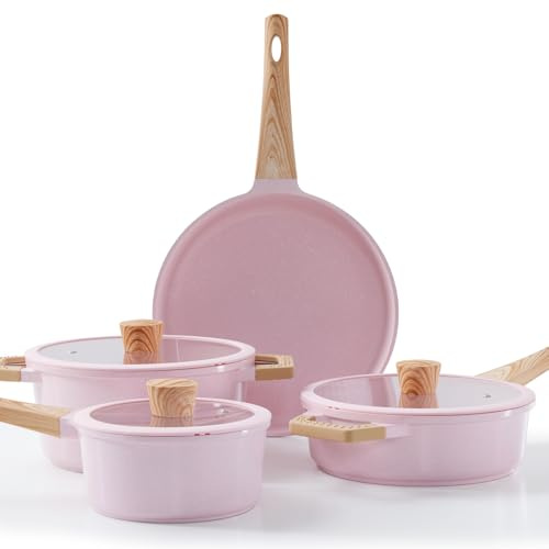 Florosa Juego de ollas de cerámica para inducción, ollas y sartenes con tapas, juego de utensilios de cocina con diseño de granito, revestimiento antiadherente, color rosa