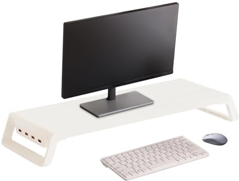 Wooden Monitor Stand Riser – kontorsskrivbordsorganisatör med 4 USB-portar | stabilt monitorstativ för dator, perfekt för hemmakontor, skola, studentboende och högskola, platsbesparande och