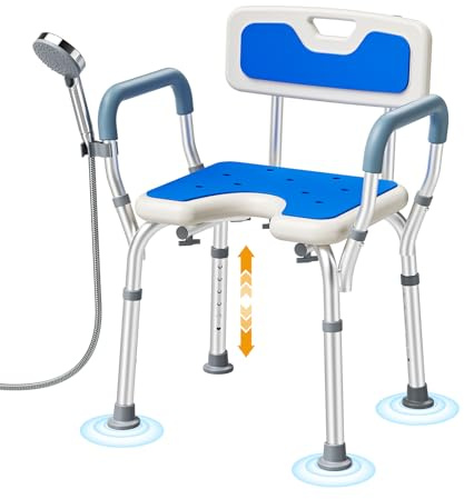 Jradse Silla de Ducha con Brazos y Respaldo, Asiento de Ducha Ajustable Taburete de Baño Antideslizante Forma U para Ancianos Discapacitadas Embarazadas
