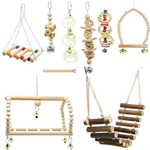 Set di 9 giocattoli per pappagalli realizzati in legno non trattato con funzione oscillante e scala verticale per arrampicarsi