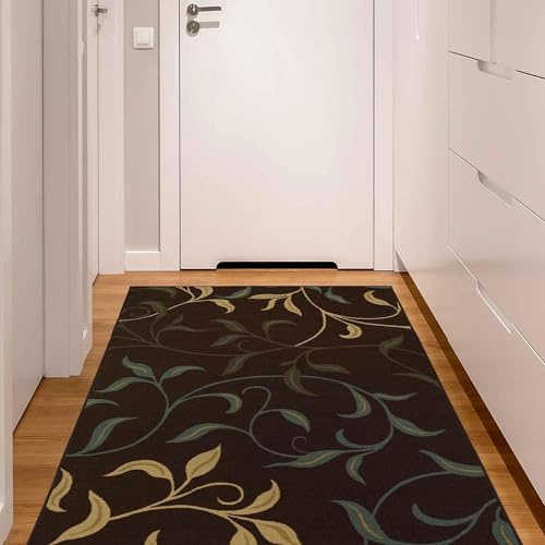 Ottomanson Tapis Décoratif Collection Ottohome Dos en Caoutchouc Motif Feuilles Style Contemporain 100 cm x 150 cm Marron