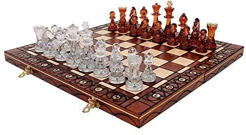 Master of Chess Fantastisches Amber 40cm / 16in Holz Schachspiel. Lichtdurchlässige PlastikStaunton-Schachfiguren auf hölzernem faltendem Schachbrett