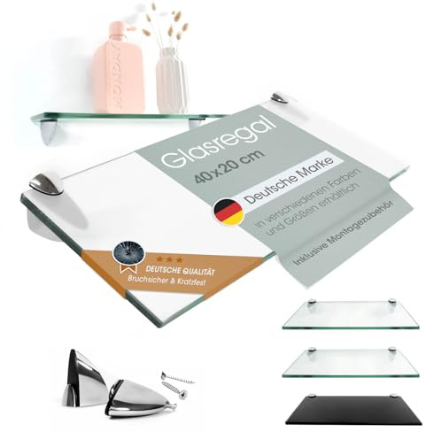 Rapid Teck Glas Wandregal Michglas Weiß Matt 40cm x 20cm - Glasregal mit 8mm ESG Sicherheitsglas - Glasregal perfekt als Badablage Glasablage für Badezimmer - Verschiedene Größen wählbar