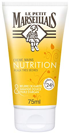Le Petit Marseillais - Crème Mains Nutrition Peaux Très Sèches (tube de 75 ml) – Crème pour les mains au beurre de karité, amande douce & huile d'argan – Soin des mains pour 24h de confort