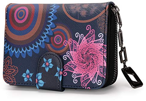 Geldbeutel Damen klein im Kurzformat, Geldbörse mit Blumen und Blüten Muster im Mandala und Ethno Stil, Portemonnaie mit Reißverschluss und Druckknopf und vielen Fächern (Mandala Black).