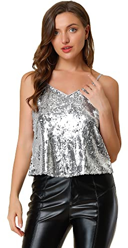 Allegra K Damen Pailletten Oberteil Glitzer Top Spaghetti Party Club Camisole Metallic Festival Shirt Top