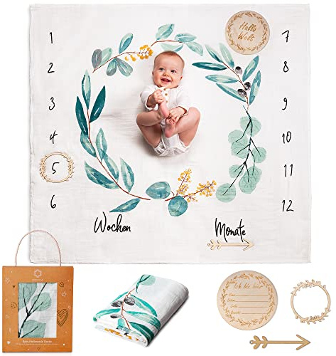 ODOXIA Baby Meilenstein Decke auf Deutsch | Baumwolle Musselin Tuch | Pucktuch | Monatsdecke Baby Junge & Mädchen, Unisex | Blätter | Geschenk Für Mütter | Blanket Musselin Decke