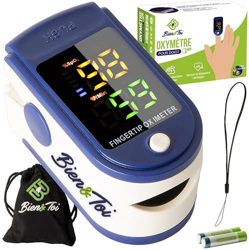 Oxymetre de doigt professionnel/écran à LED/saturometre de pouls/moniteur de fréquence cardiaque électronique/saturation en oxygène/capteur d'oxygene/sac de transport/piles incluses/notice en Français