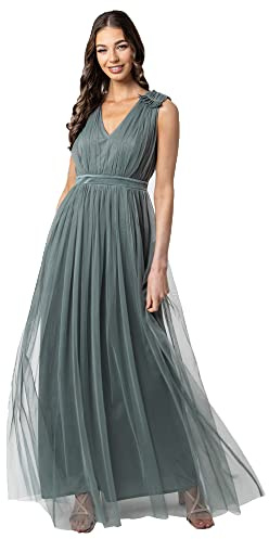 Maya Deluxe Damen Maya Deluxe Women's Maxi With Ruffle V Neck Sleeveless High Empire Waist Long Prom Guest Weddi Bridesmaid Dress, Misty Green, 44 EU