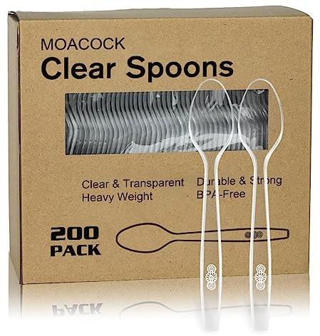 200 Count Clear Plastic Spoons, Heavy Weight Disposable Spoons Cutlery Plastic Utensils, Clear PlasticSilverware Bulk