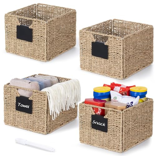 4er-Set Seegras Rechteckig Aufbewahrungskorb, Faltkorb Flechtkorb, Regalbox Storage Box, Natürliche Korb Geflochten, Regalkorb, Weidenkörbe Veranstalter für Badezimmer, Wohnzimmer 26.5 x 24 x 19cm