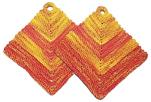2 er Set dicke gehäkelte Topflappen Rot - Gelb - Orange meliert, ca. 17 x 17 cm