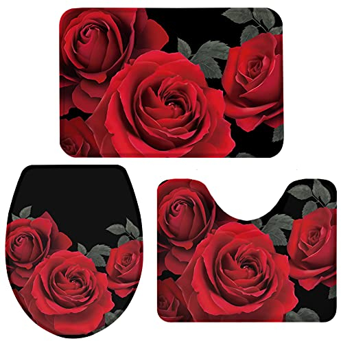 Set 3 Teilig Badvorleger Rote Romantische Rose, Die Nachts Blüht Waschbar Bade-Matte+Kontur+Wc-Deckelabdeckung Wasserabsorbierend Badgarnitur Badematten Für Badewanne Badezimmer Dusche