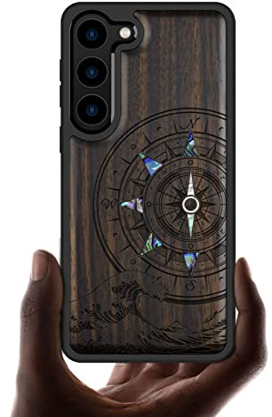 Carveit Handcrafted Case for Galaxy S23 (Wave compass-Blackwood) | Samsung Galaxy S23 Case - Compatible with MagSafe Wireless charger - Wood Engraved Shell Inlaid - TPU Shockproof Bumper
