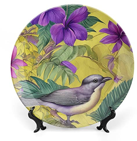 Gokays Decorative Plates, Tropical Purple Flower & Bird Ceramic Plate, Wobble-Plate with Display Stand, Home Decor for Living Room Bedroom, Farmhouse Wall Hanging Round Plate Sign 7 Inch