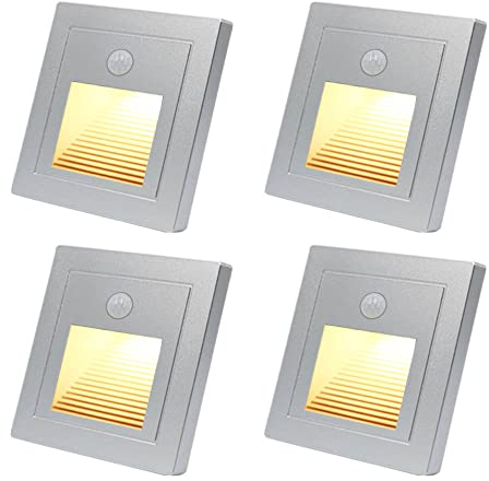 4 x 1.5 W LED stair light with motion sensor, warm white, 3000 K LED recessed wall light, recessed wall spotlight, silver step light, lamp stair lighting for 60 mm round, 86 mm square, flush-mounted