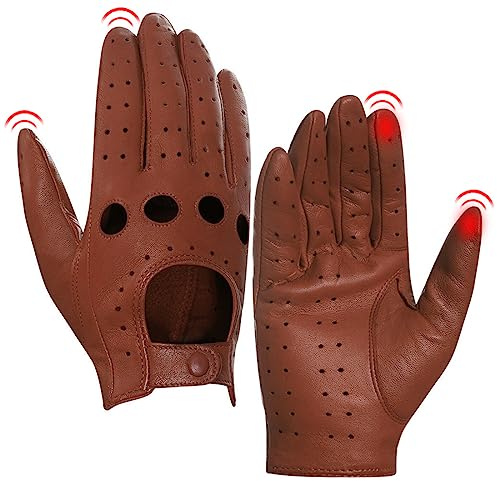 Harssidanzar Damen Leder Fahrhandschuhe, Lammfellhandschuhe, Sommer Leder Touchscreen Fahrhandschuhe, ungefüttert, Lammfellhandschuhe, Damen Lederhandschuhe GL009EUA,Cognac,Größe S