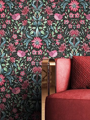 Newroom Carta da Parati Nera Floreale Vintage Camera da Letto | Damasco opulento con uccelli, accenti magenta, finitura opaca, carta da parati TNT, soggiorno, corridoio