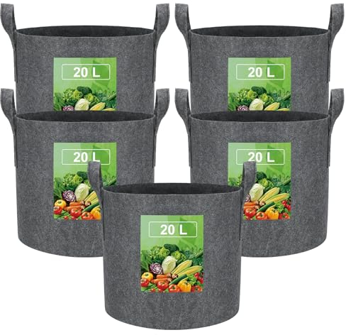 Sacco per Piante da 20 L Sacchetti per Patate Tessuto con Manico,Sacco per Coltivazione Piante Riutilizzabile per Coltivare Patate,Erdure,Vaso da Giardino Addensato e Ventilato Confezione 5 Grigio