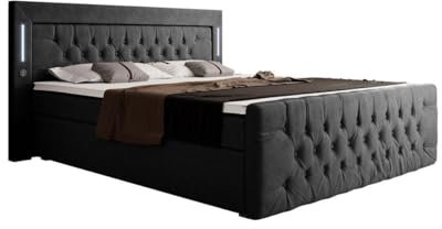 Boxspringbett Elegance 180x200 Doppelbett Polsterbett Bett mit LED-Beleuchtung, USB-Anschluss und Stauraum | Bezug: Samt | Farbe: Schwarz | Härtegrad: H4 (100kg+)