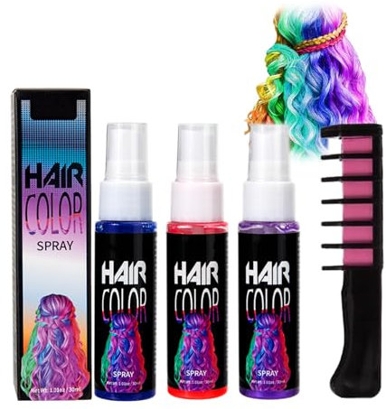 Xumann 3PCS Hair Spray Colour and Pink Dye Comb, Temporary Hair Colour Spray for Kids in Blue, Red, and Purple, Easily Washable
