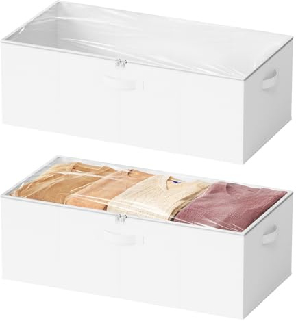 SpaceAid 2 Pack 10 High Under Bed Storage Containers, Large Underbed Storage Organizer Bins with Lids for Bedroom, Dorm, Clothes, Closet Organization, Bed Sheets and Blankets (White)