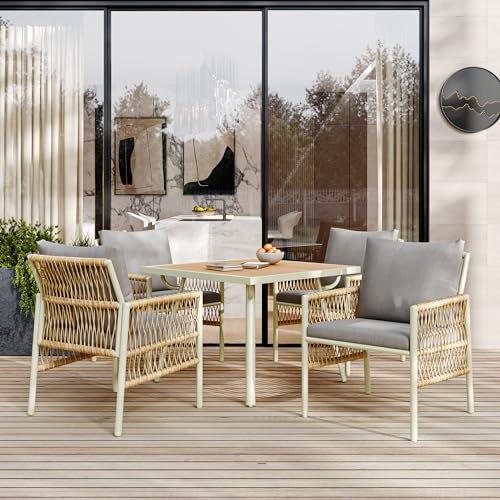 Garten-Essgruppe, Gestell aus verzinktem Eisen, Gartenmöbel-Set (5-teiliges Esstisch-Set, 4 Sessel, 1 Tisch), WPC-Tischplatte, PE-Rattan, mit verstellbaren Füßen, inklusive Sitzkissen (Naturfarben)