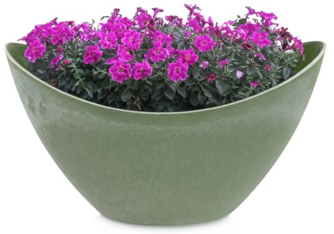 Macetero ovalado para exteriores, cuenco decorativo alto en aspecto de piedra verde como maceta para flores, 24 cm, para jardín, balcón o cementerio, como joya para tumba resistente a la intemperie