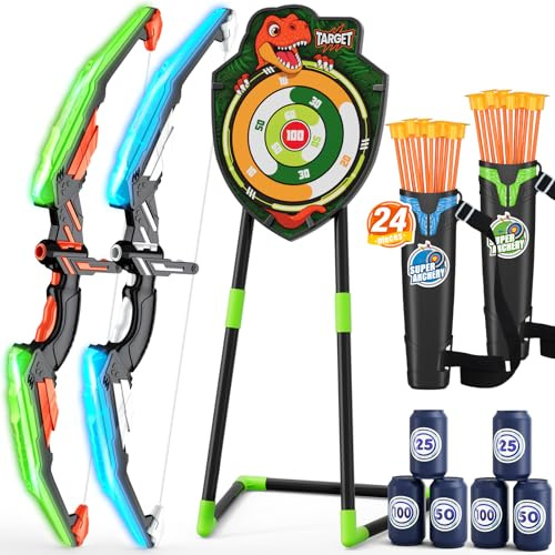 HYES 2 Pack Bow and Arrow with Standing Target for Kids, LED Light Up Archery Set with 24 Suction Cup Arrows, 6 Score Targets & 2 Quiver, Indoor Outdoor Sport Gifts for Boys Girls Ages 4-12