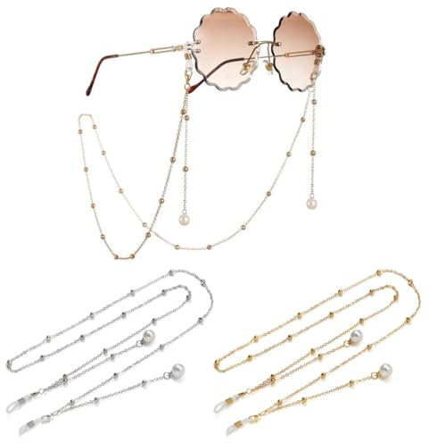 AFCJLTO Brillenkette Damen 2 Stücke, Sonnebrillenkette mit kleinen Dots Wasserfeste Brillenband Kette aus Edelstahl, Maskenband Elegante Brillen Halter Brillenkette (Gold,Silber)