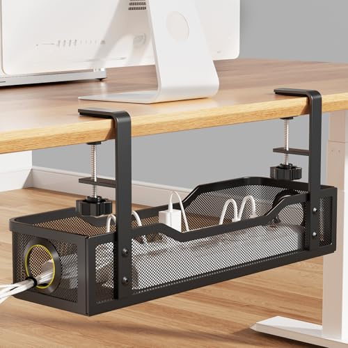 Cinati - Scatola per la gestione dei cavi sotto la scrivania, grande, 40,6 cm, per tavoli di spessore fino a 7,6 cm, organizer per cavi con morsetto senza trapano, nessun danno alla scrivania (nero)