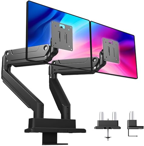 Claiks Monitor Halterung 2 Monitore für bis 17-49 Zoll Curved und Flach, Dual Monitor Halterung Höhenverstellbar Neigbar Schwenkbar Drehungbar,VESA 75x75/100x100 mm,Hält 1~20 kg,Schwarz