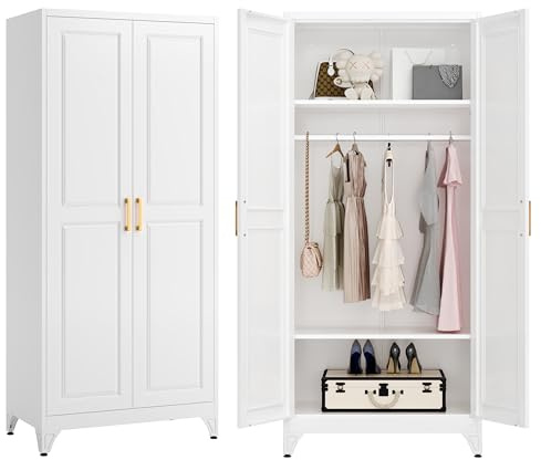 MetalMax Armoire Wardrobe Closet with Hanging Rod, 71 Tall Metal Clothes Storage Cabinet with Doors and Adjustable Shelves, White Wardrobe Cabinet, Steel Closet for Bedroom, Bathroom, Office, School