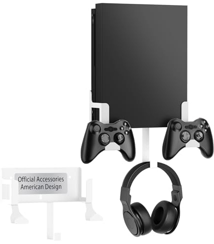 Wall Mount Kit with Detachable 2 Controller Holder & Headphone Hanger, Metal Wall Mount Holder Compatible with Xbox One X, White