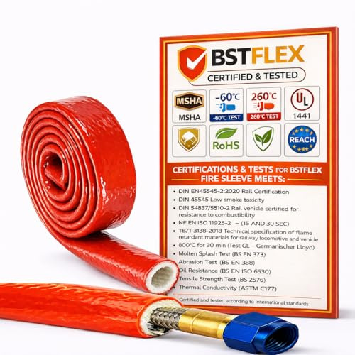 1.57(40mm) ID Heat Shielded Fire Thermo Armor Fire Sleeve Silicone Coated Fiberglass for Automotive Hose Lines & Electrical Wiring Red, 5 feet