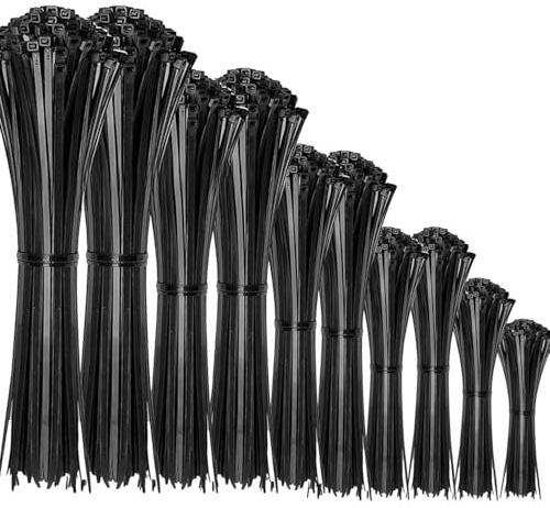 Lot de 1000 serre-câbles noirs - 100/150/200/250/300 mm - Résistants aux UV - Auto-bloquants - Pour jardin, atelier, gestion des câbles, jardinage, maison, bureau