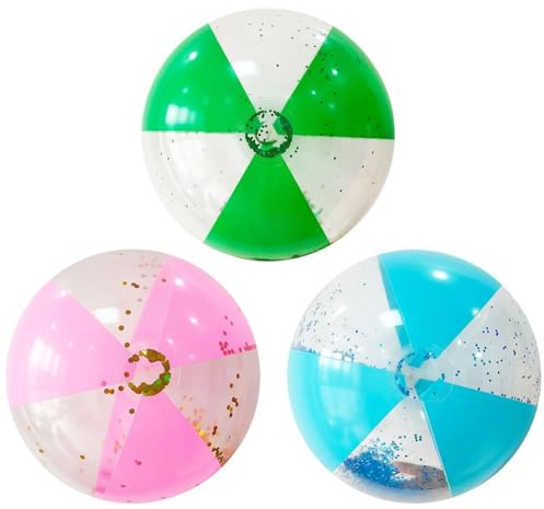 EOWVISN 3 Pieces Of Inflatable Beach Balls, 40 Cm Glitter Beach Balls, Children'S Swimming Pool Floats, Water Volleyballs, Beach Balls (Pink, Blue, Dark Green).