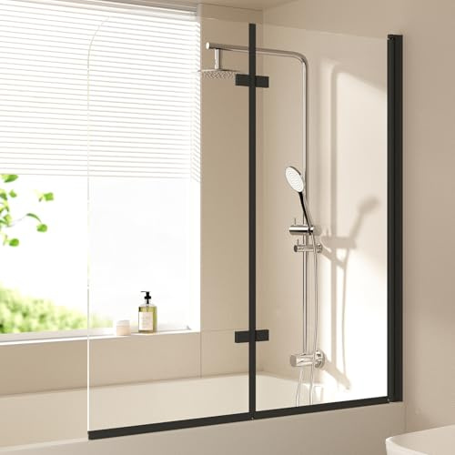 EMKE Badkar duschvägg för badkar 120 x 140 cm svart, badkarsfäste vikbar 2-delad duschskiljevägg för badkar vikbar vägg 6 mm säkerhetsglas duschavskiljare badkar